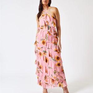 DAHLIA SUNFLOWER HALTER NECK RUFFLE MAXI DRESS IN PINK